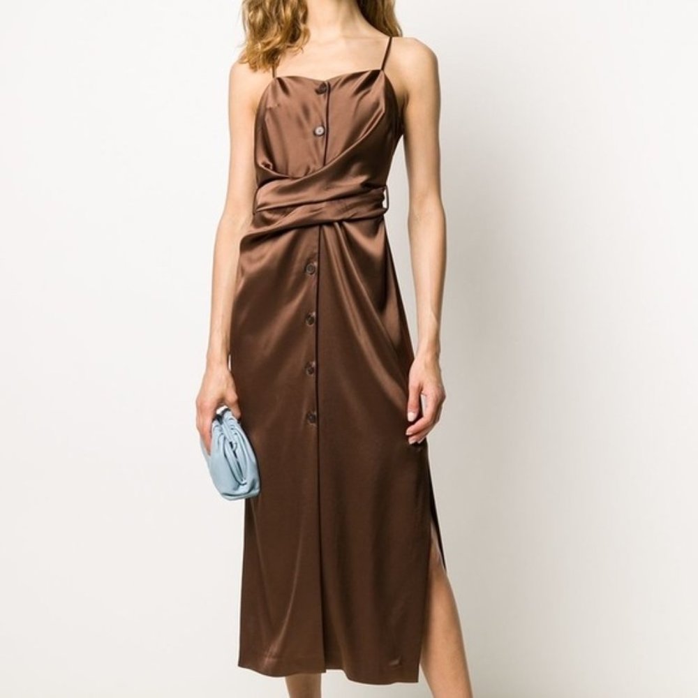 NWT Nanushka Dress Sayan Satin Spaghetti Strap Belted Wrap Tie Midi Slip Brown L - Picture 1 of 11